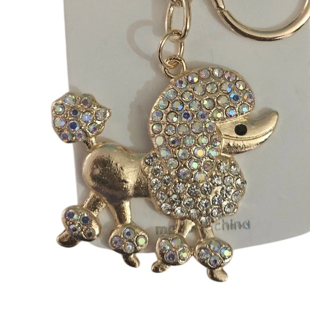Sparkling Poodle Keychain Rhinestone Bling Dog Charm Gold Tone Women Accessories